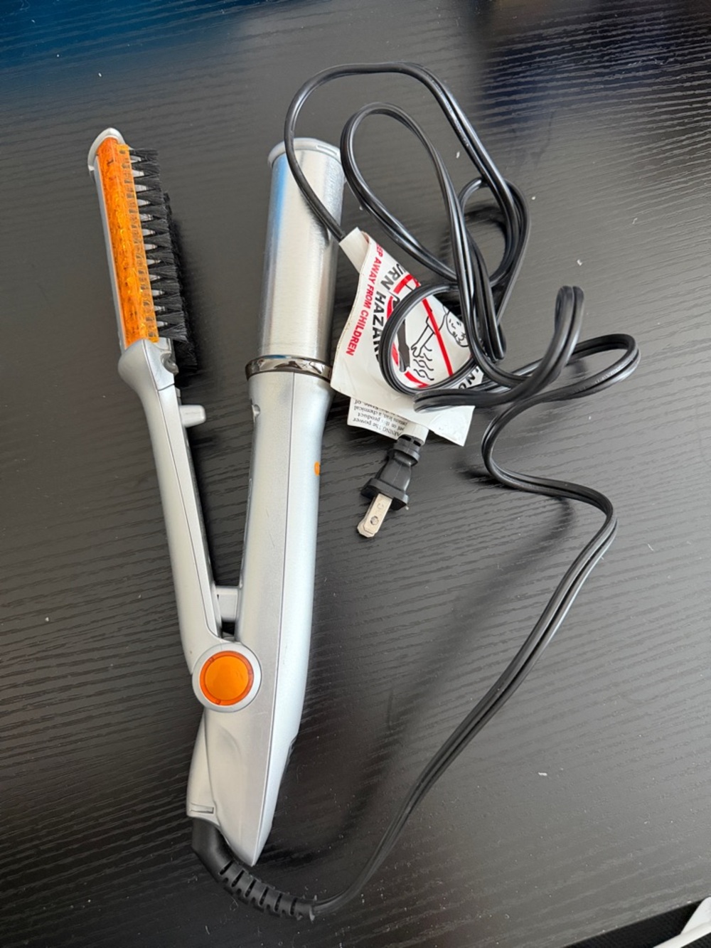 Silver and Orange Mini Hair Straightener and Brush - Compact Hot Styling Tool
